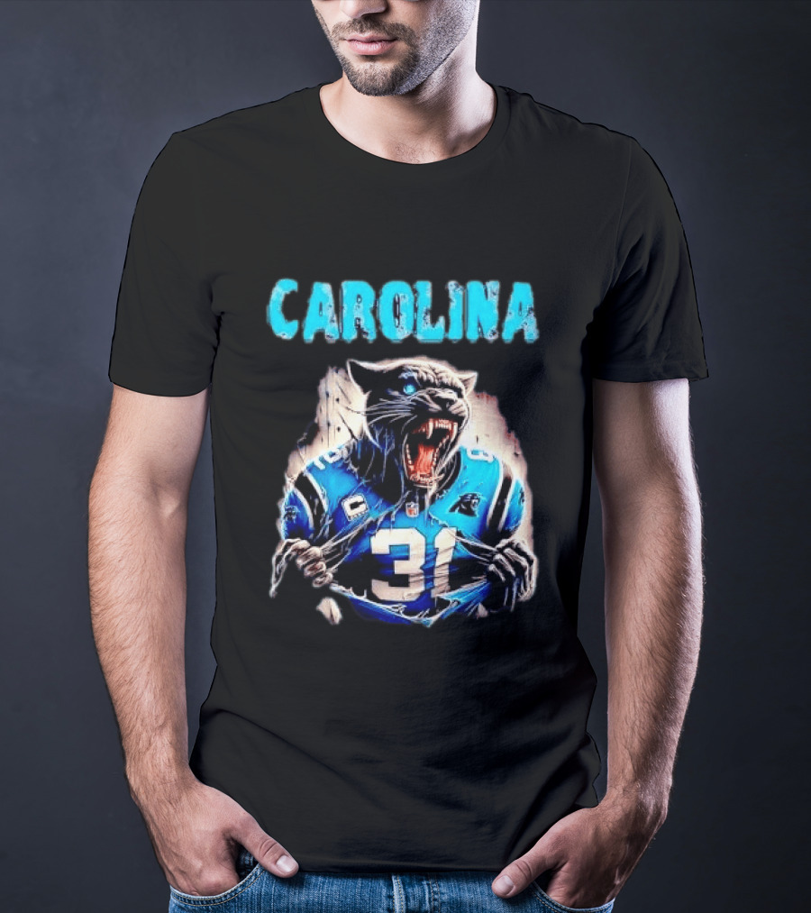 Carolina Panthers Snarling Beast Tearing Blue Jersey 31 T-Shirt