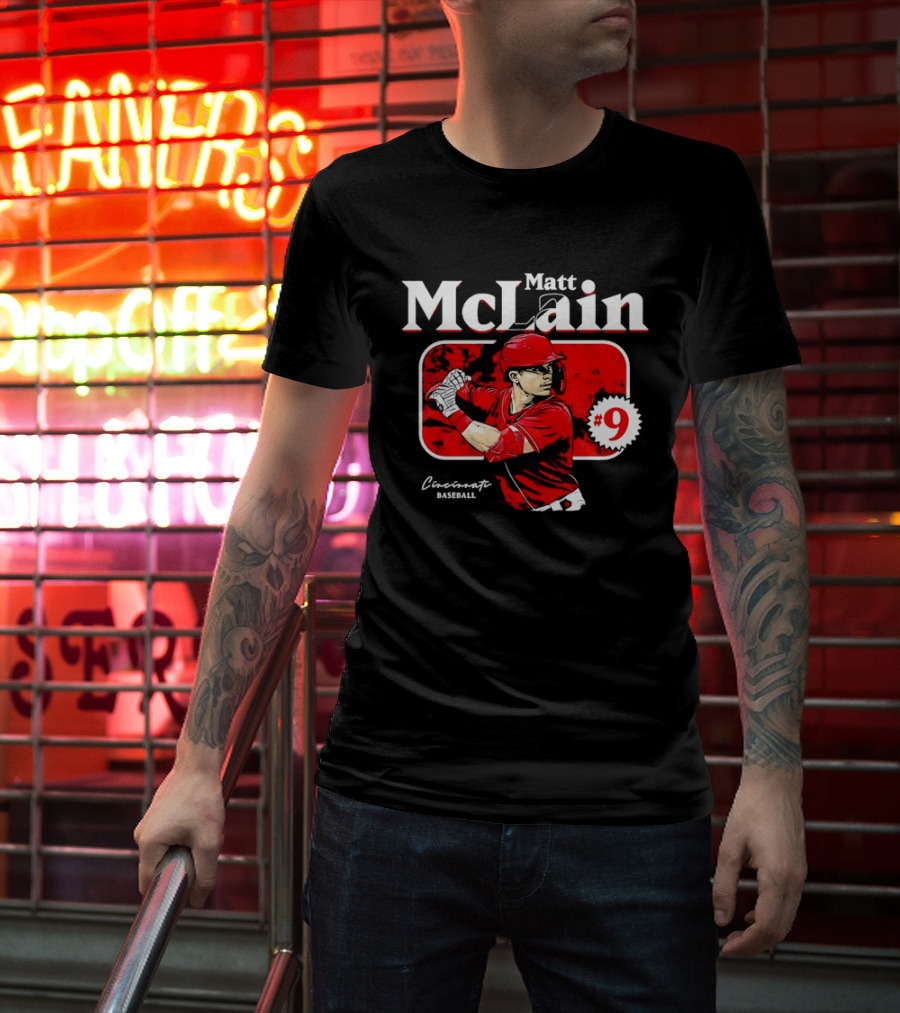 Matt McLain Cincinnati Baseball Number 9 Batter Stance Red Frame T-Shirt
