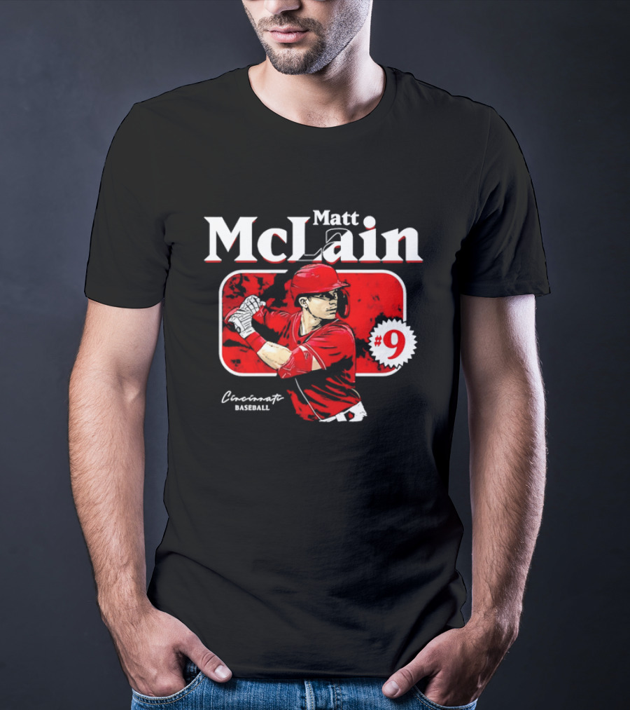 Matt McLain Cincinnati Baseball Number 9 Batter Stance Red Frame T-Shirt
