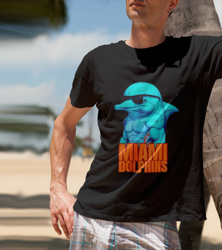 Miami Dolphins Fins Up Muscular Cartoon Sunglasses Tattoo T-Shirt