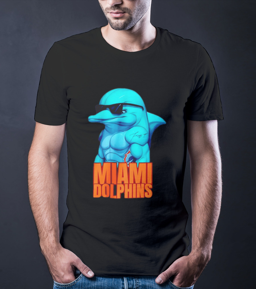 Miami Dolphins Fins Up Muscular Cartoon Sunglasses Tattoo T-Shirt