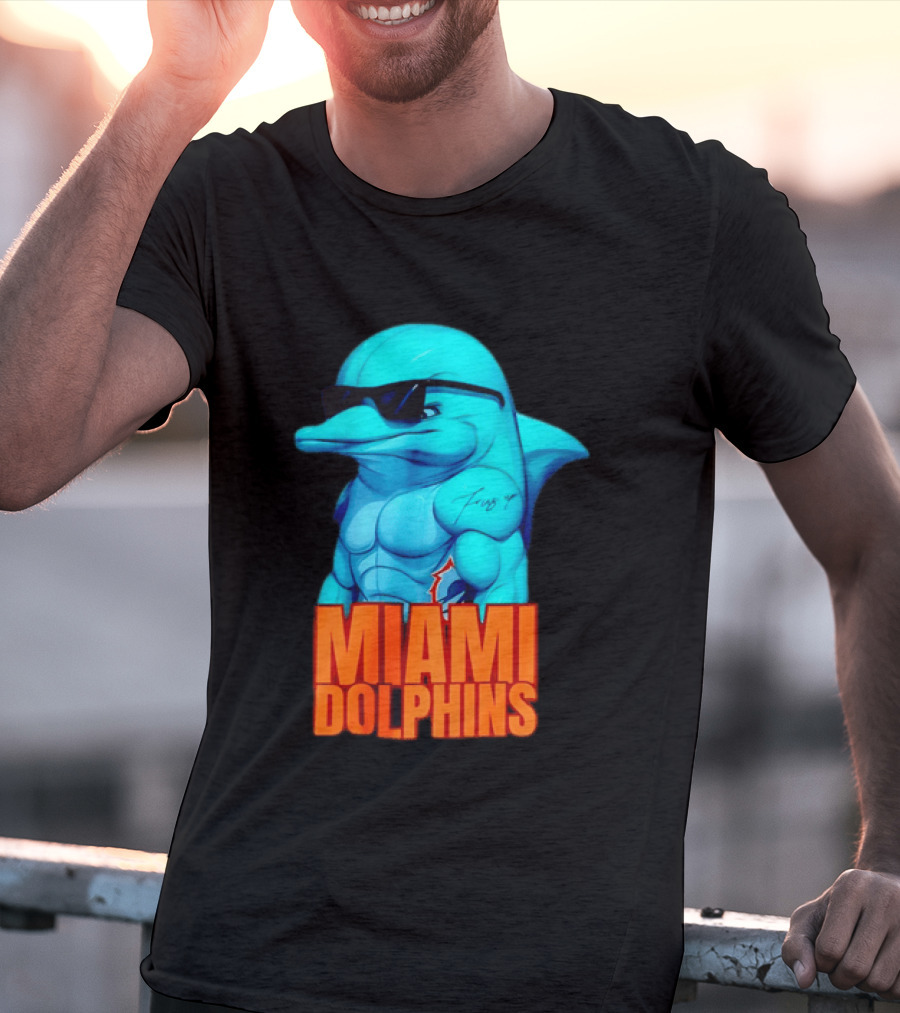 Miami Dolphins Fins Up Muscular Cartoon Sunglasses Tattoo T-Shirt