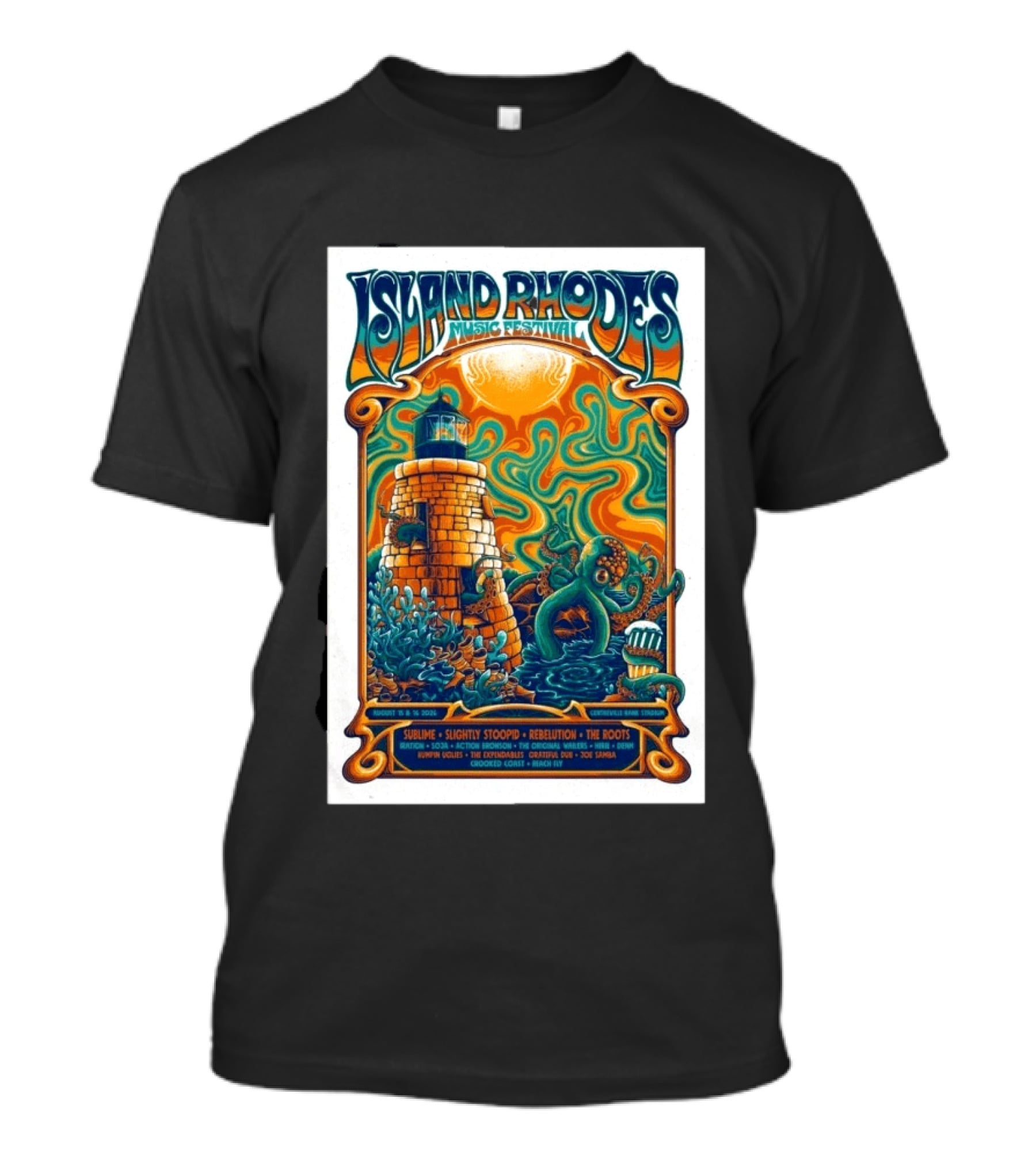 Island Rhodes Music Festival 2026 Lighthouse Octopus Art Pawtucket Rhode Island Sublime Slightly Stoopid August 15 16 T-Shirt
