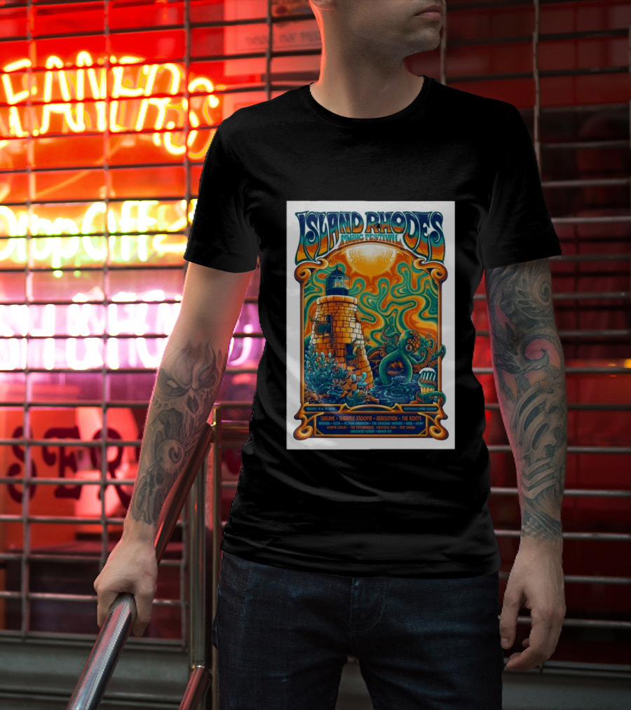 Island Rhodes Music Festival 2026 Lighthouse Octopus Art Pawtucket Rhode Island Sublime Slightly Stoopid August 15 16 T-Shirt