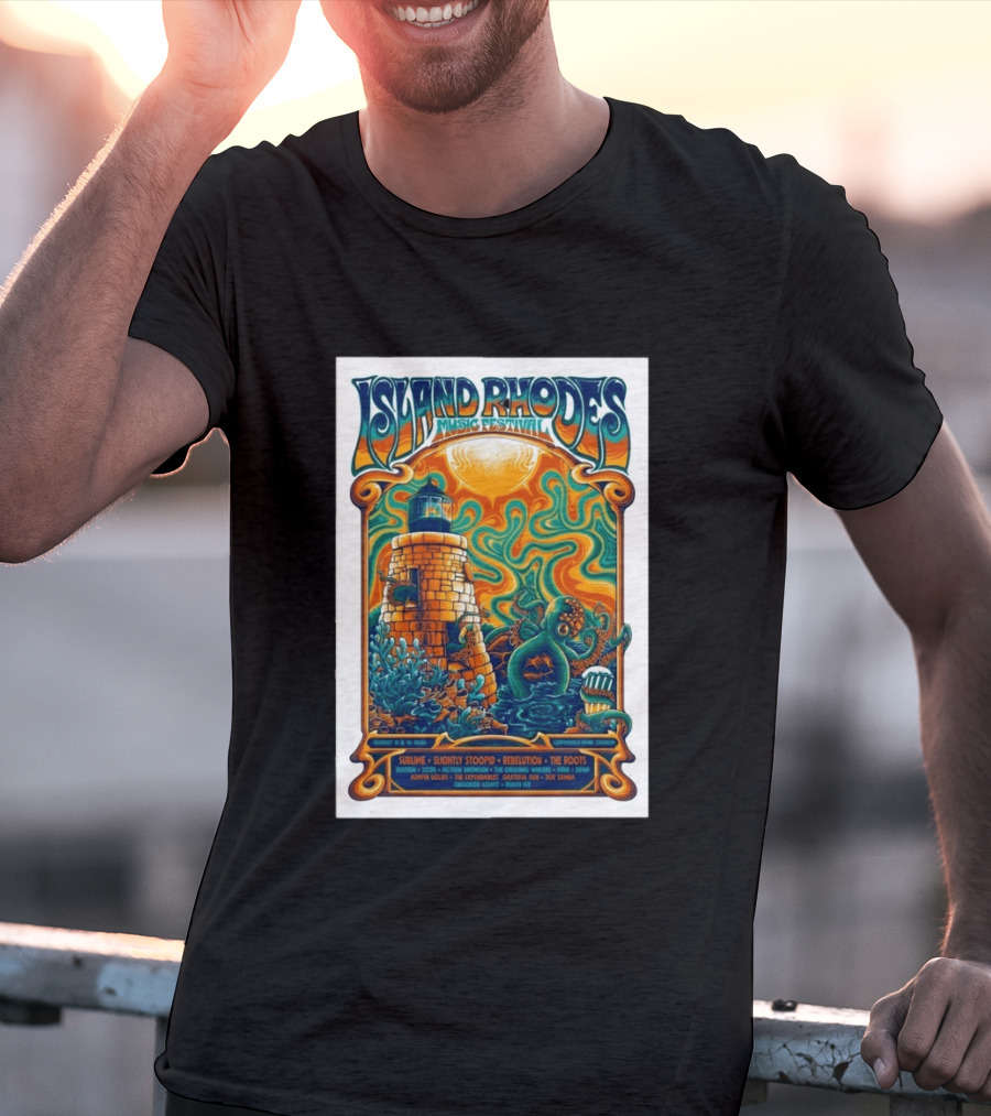 Island Rhodes Music Festival 2026 Lighthouse Octopus Art Pawtucket Rhode Island Sublime Slightly Stoopid August 15 16 T-Shirt