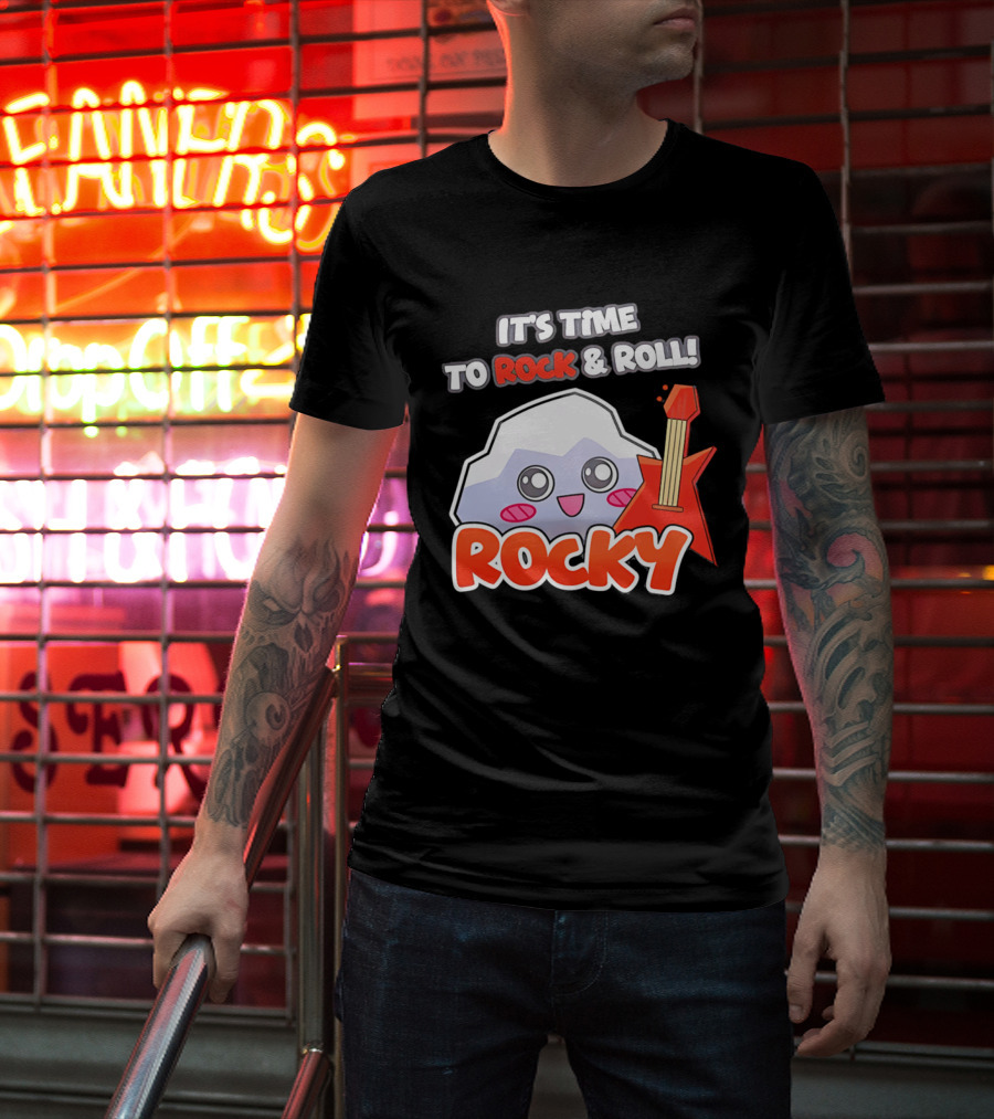It's Time To Rock And Roll Rocky Rock With Guitar Cute Cartoon T-Shirt