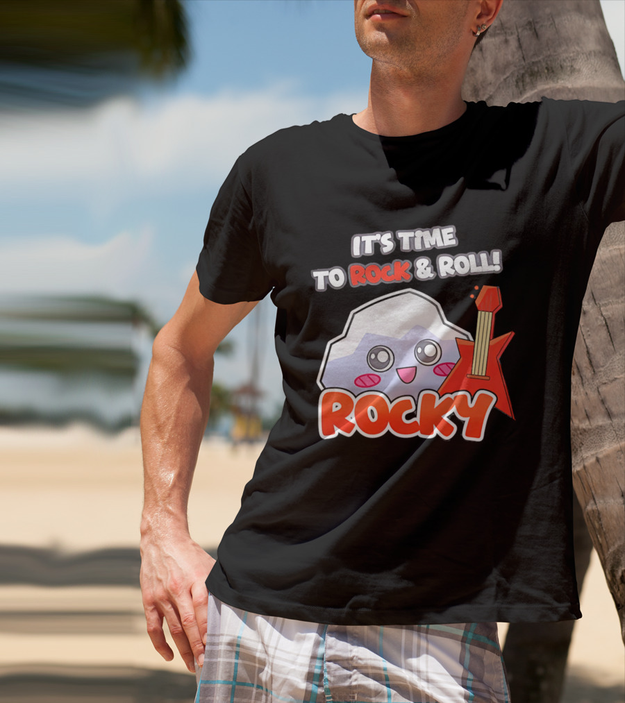 It's Time To Rock And Roll Rocky Rock With Guitar Cute Cartoon T-Shirt
