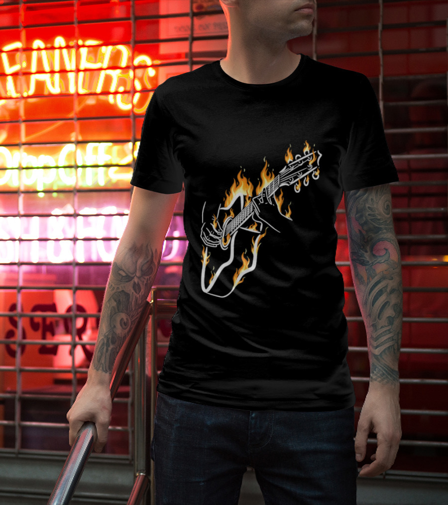 Musician Hands Flaming Acoustic Guitar White Line Artistry T-Shirt