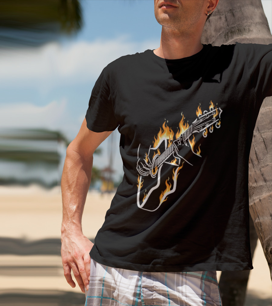Musician Hands Flaming Acoustic Guitar White Line Artistry T-Shirt