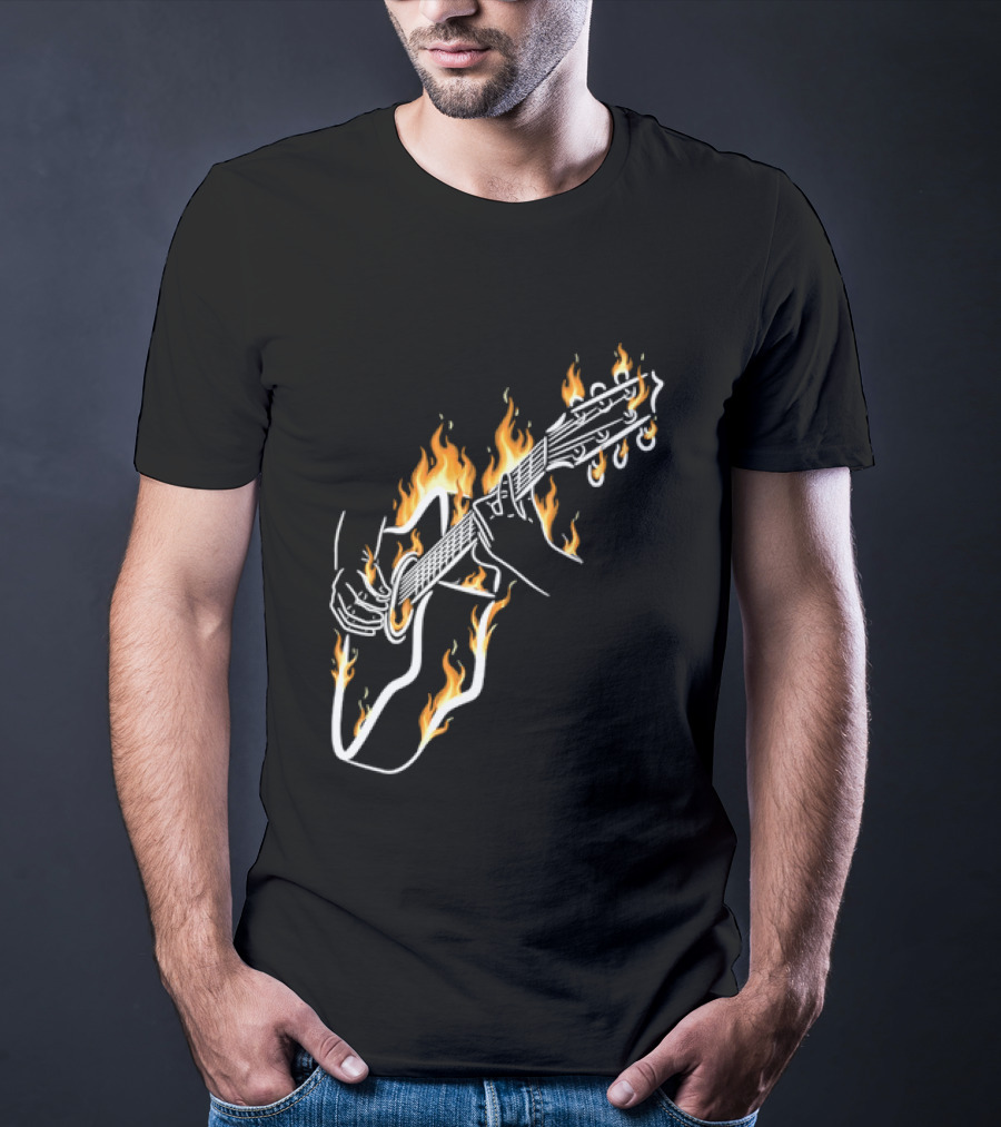 Musician Hands Flaming Acoustic Guitar White Line Artistry T-Shirt