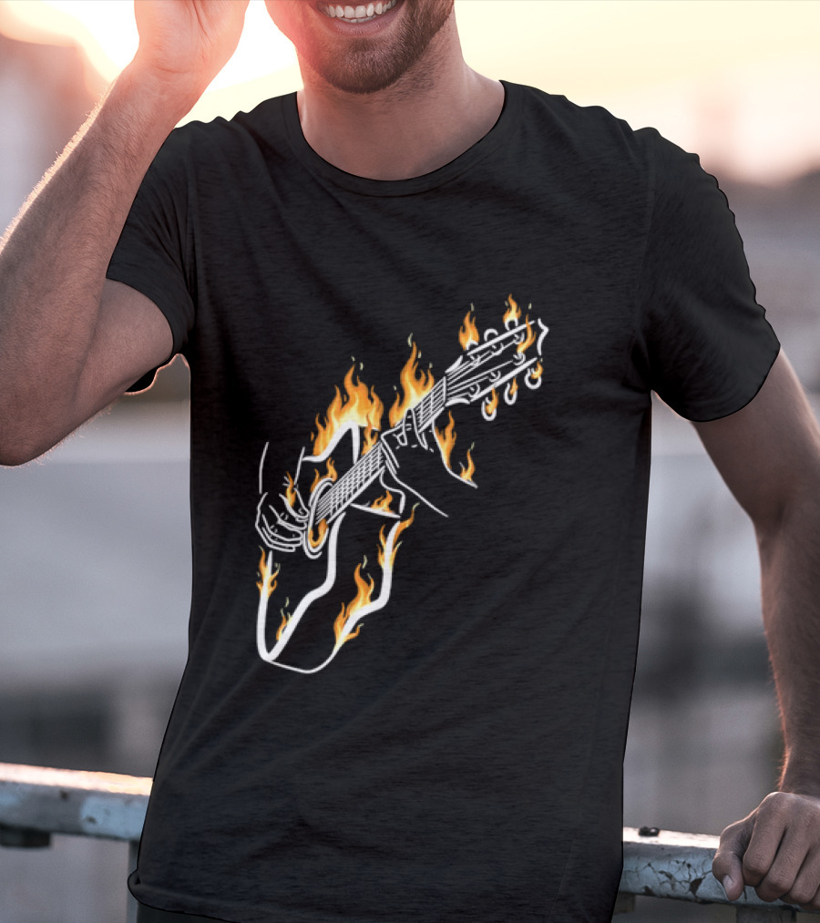 Musician Hands Flaming Acoustic Guitar White Line Artistry T-Shirt