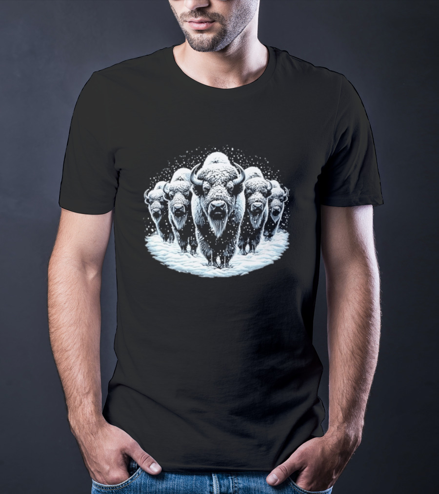Five Snowbound American Bison Herd Winter Blizzard Snowdrift T-Shirt