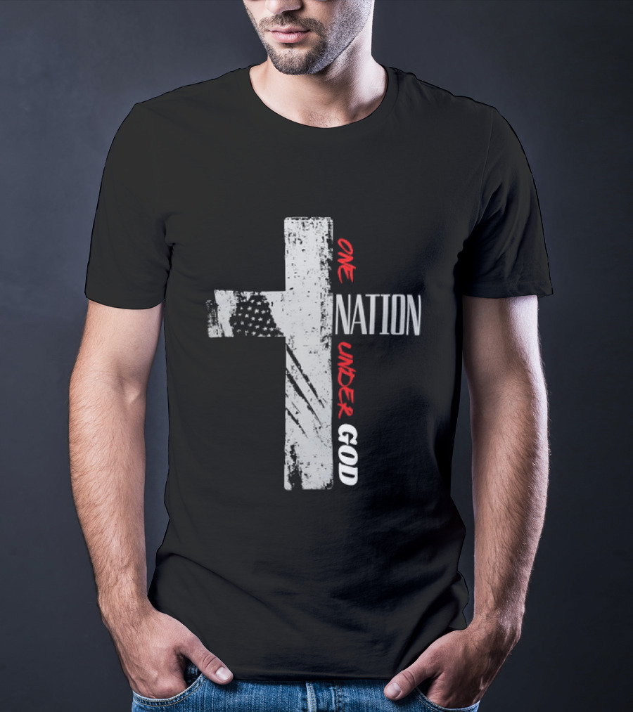 One Nation Under God Distressed Cross American Flag Stars T-Shirt