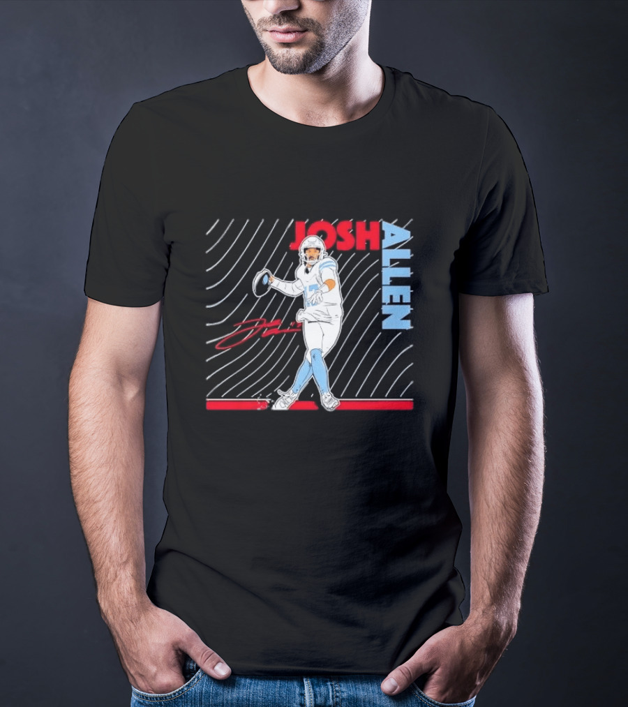 Josh Allen Quarterback Throwing Football Wavy Line Illustration With Bold Name T-Shirt