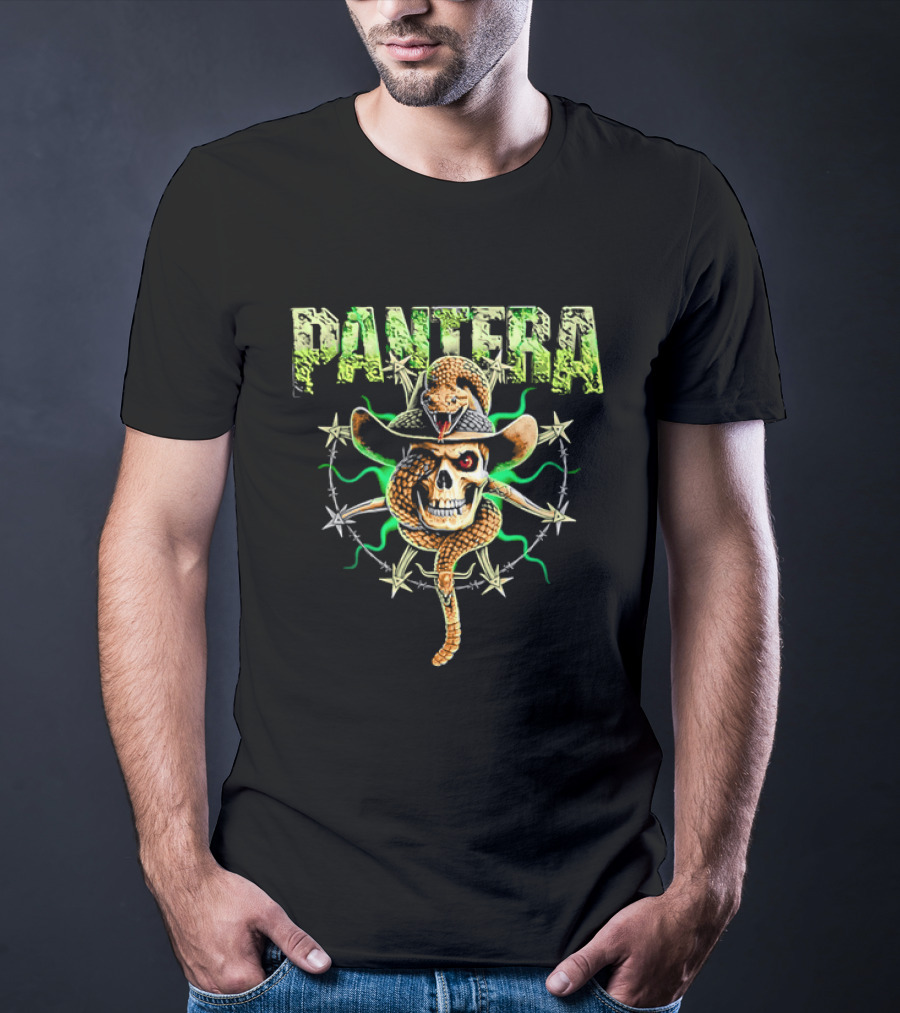 Pantera Rattlesnake Coiled Skull Cowboy Hat Green Glow T-Shirt