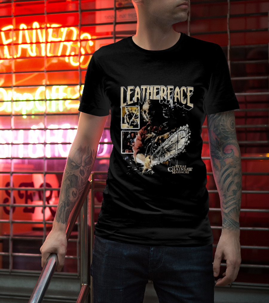 Leatherface Texas Chainsaw Massacre Horror Collage Holding Saw T-Shirt