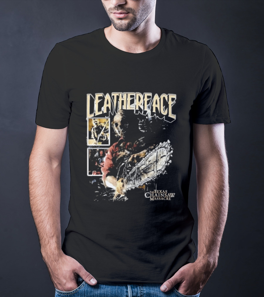 Leatherface Texas Chainsaw Massacre Horror Collage Holding Saw T-Shirt