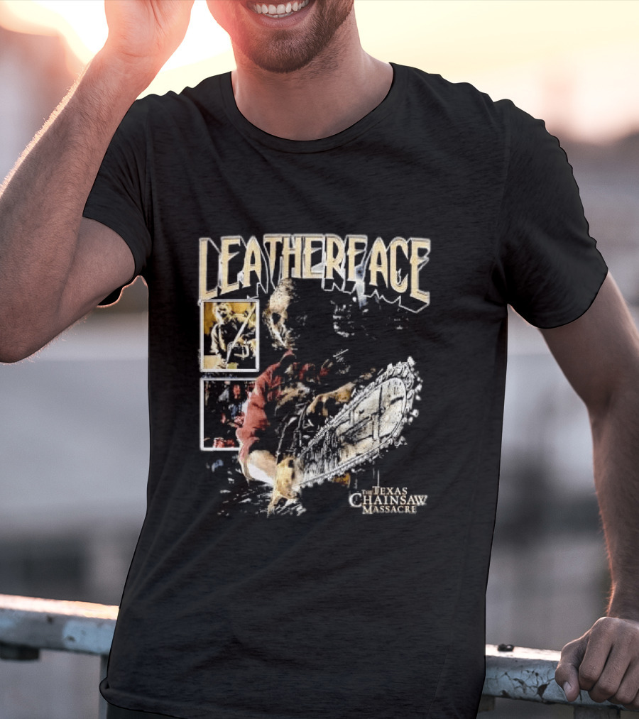 Leatherface Texas Chainsaw Massacre Horror Collage Holding Saw T-Shirt