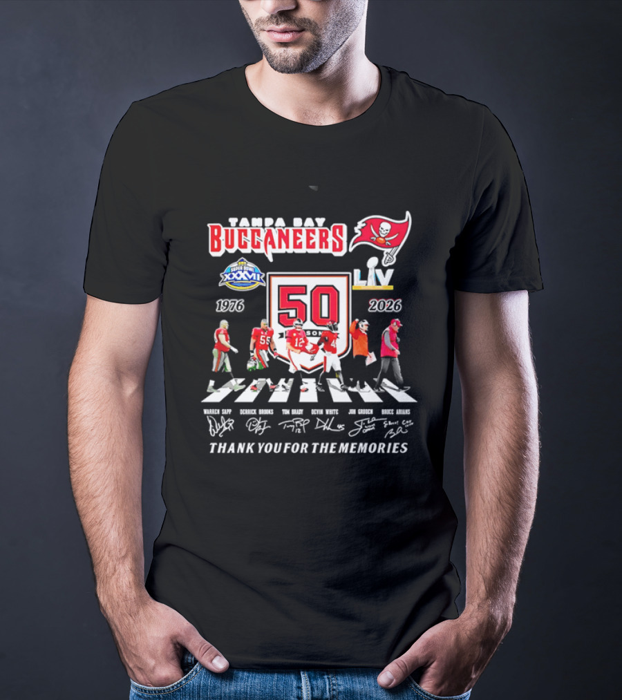 Tampa Bay Buccaneers 50th Anniversary Thank You For The Memories Warren Sapp Derrick Brooks Abbey Road Crosswalk 1976 2026 T-Shirt