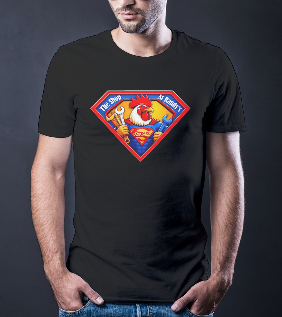 The Shop At Randy's Cartoon Rooster Superhero Wrenches Crest T-Shirt