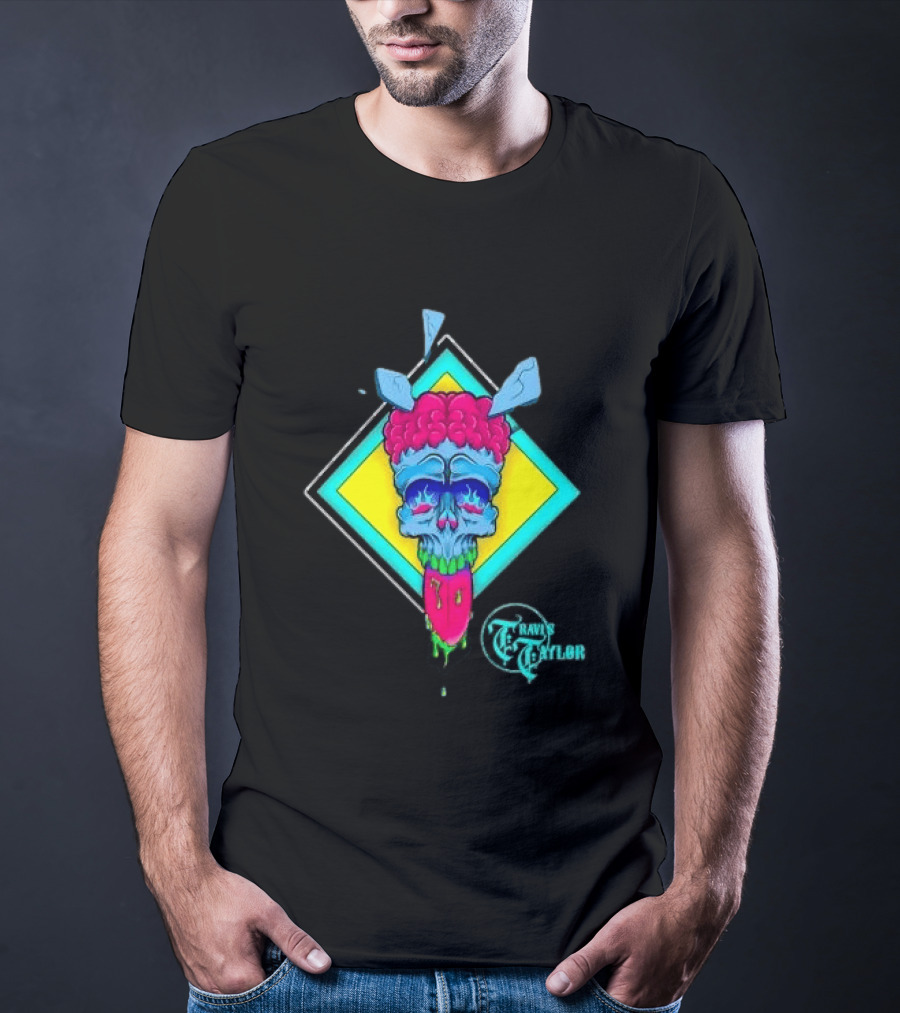 Travis Taylor Neon Skull Pink Brain Green Slime Tongue Diamond Geometric T-Shirt
