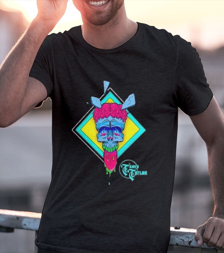 Travis Taylor Neon Skull Pink Brain Green Slime Tongue Diamond Geometric T-Shirt