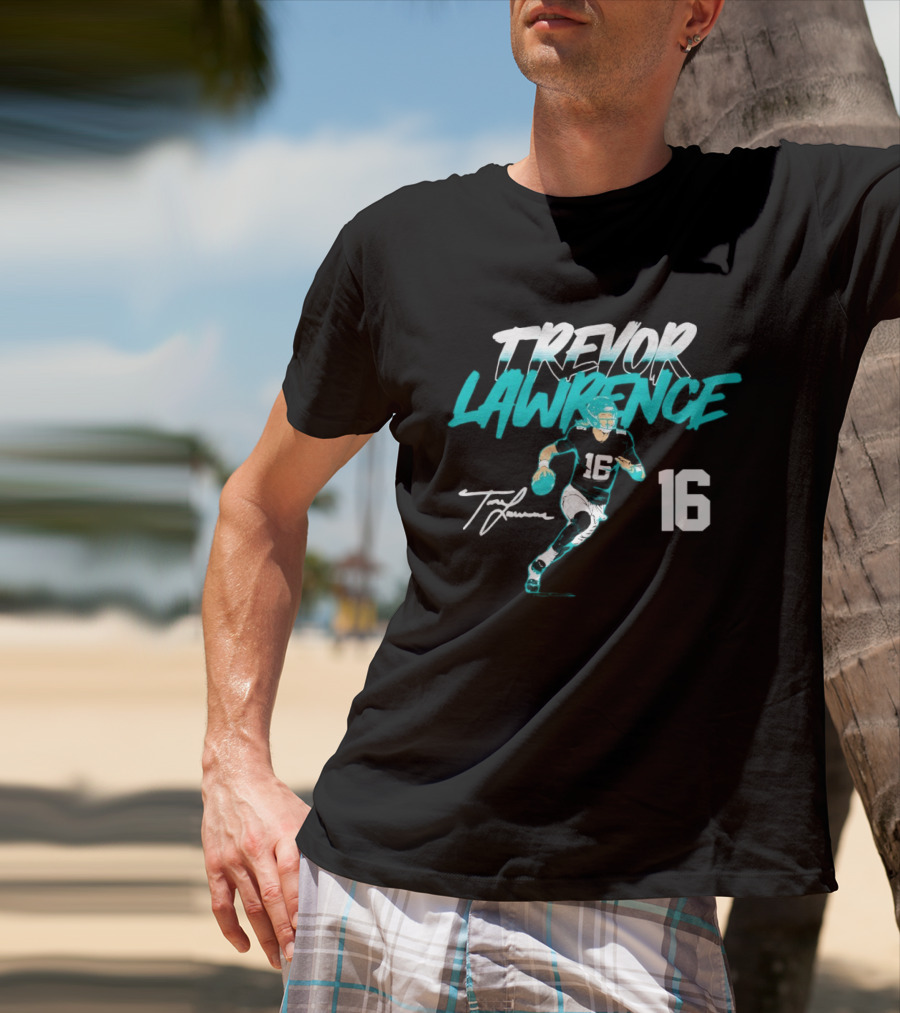 Trevor Lawrence No 16 Jaguars Signature Style Football 2026 T-Shirt