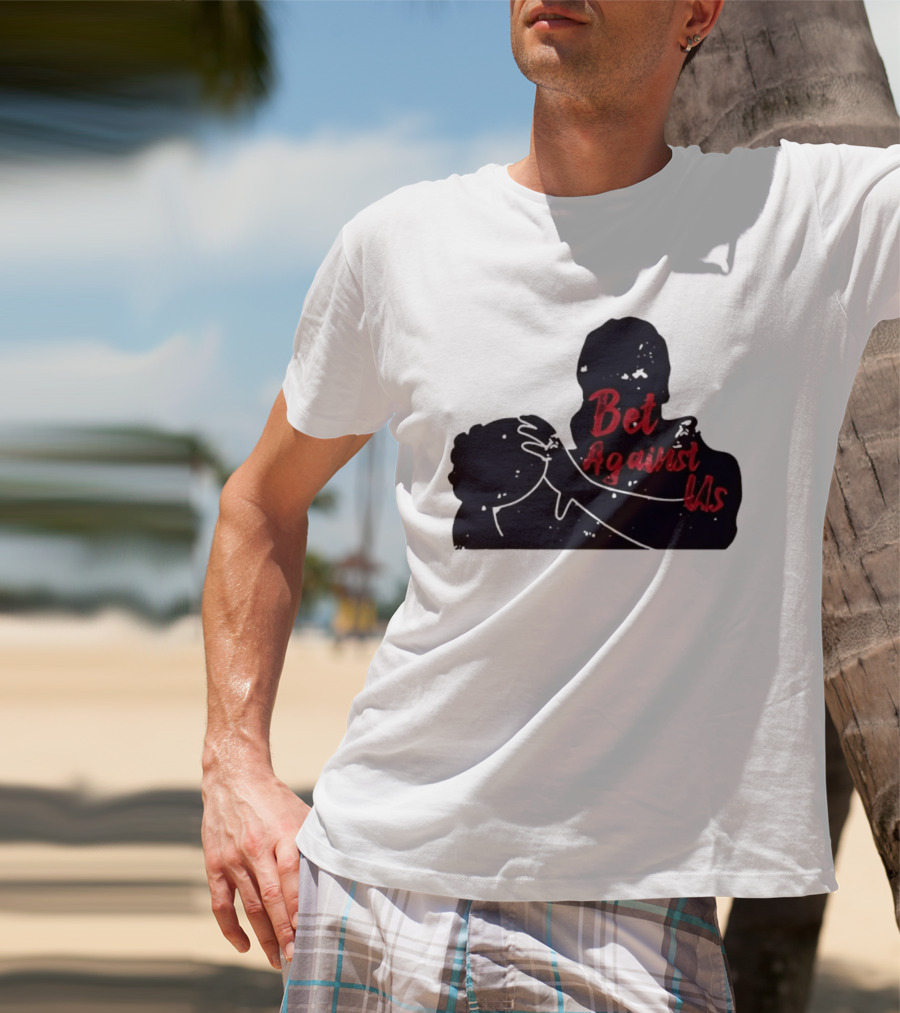Bet Against Us Red Script Embracing Figures White Line T-Shirt