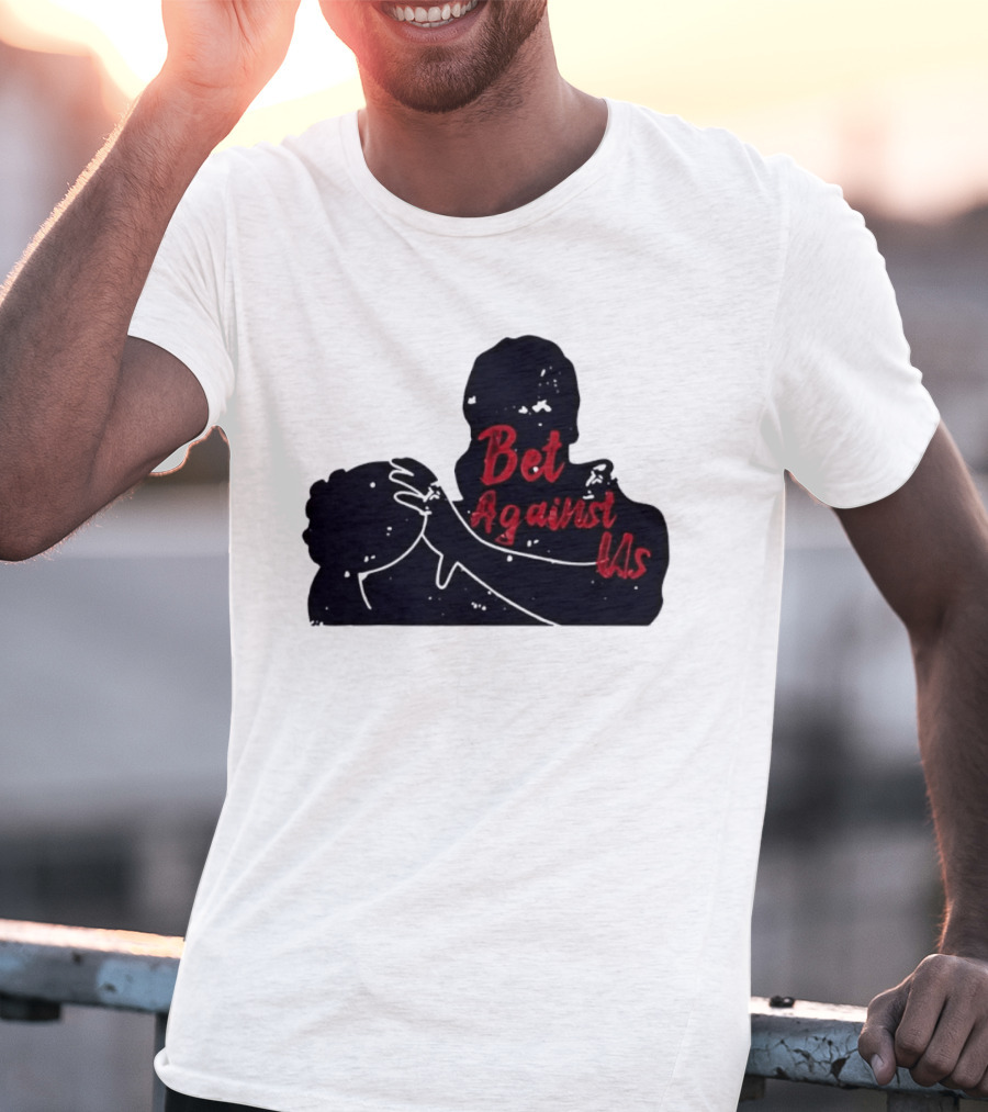 Bet Against Us Red Script Embracing Figures White Line T-Shirt