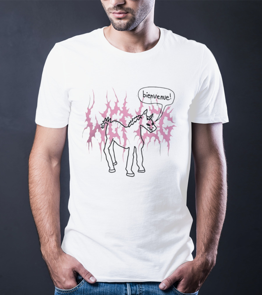 Bienvenue Cartoon Horned Unicorn Pink Flames T-Shirt