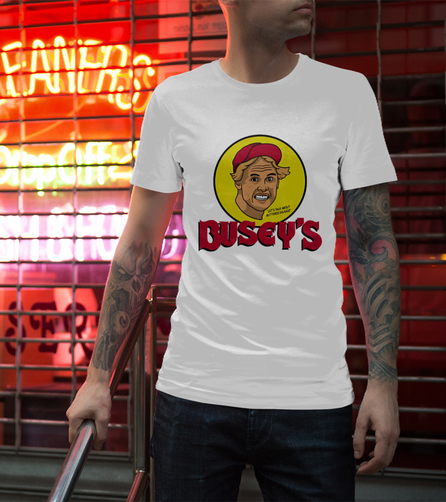 Busey's Let's Talk About Buttered Sausage Gary Busey Red Cap T-Shirt