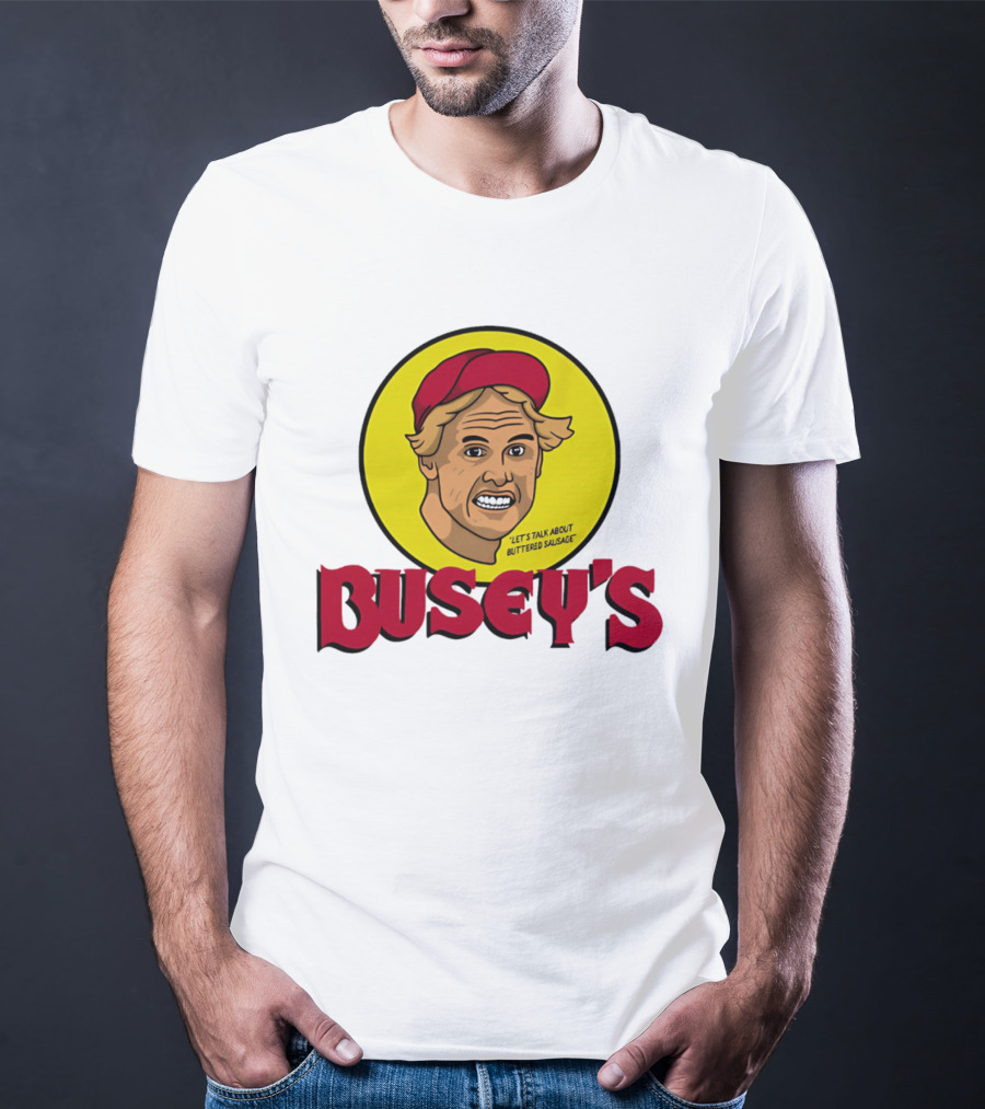 Busey's Let's Talk About Buttered Sausage Gary Busey Red Cap T-Shirt