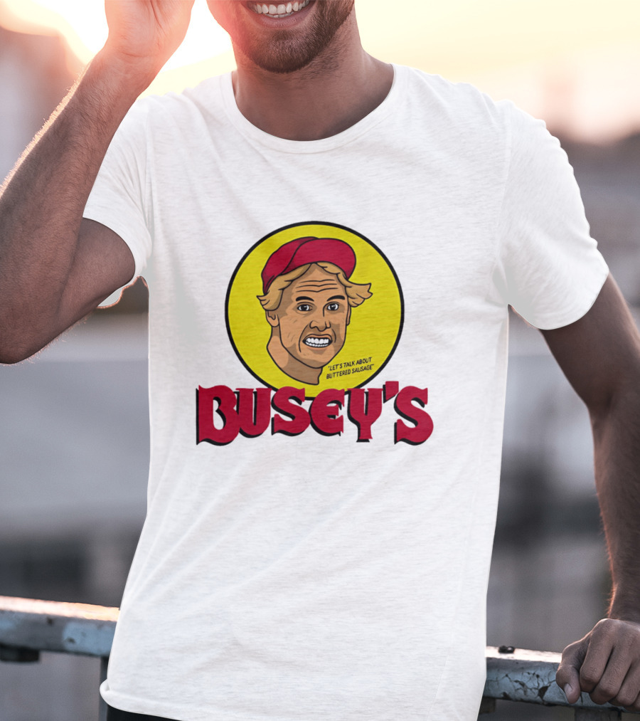 Busey's Let's Talk About Buttered Sausage Gary Busey Red Cap T-Shirt