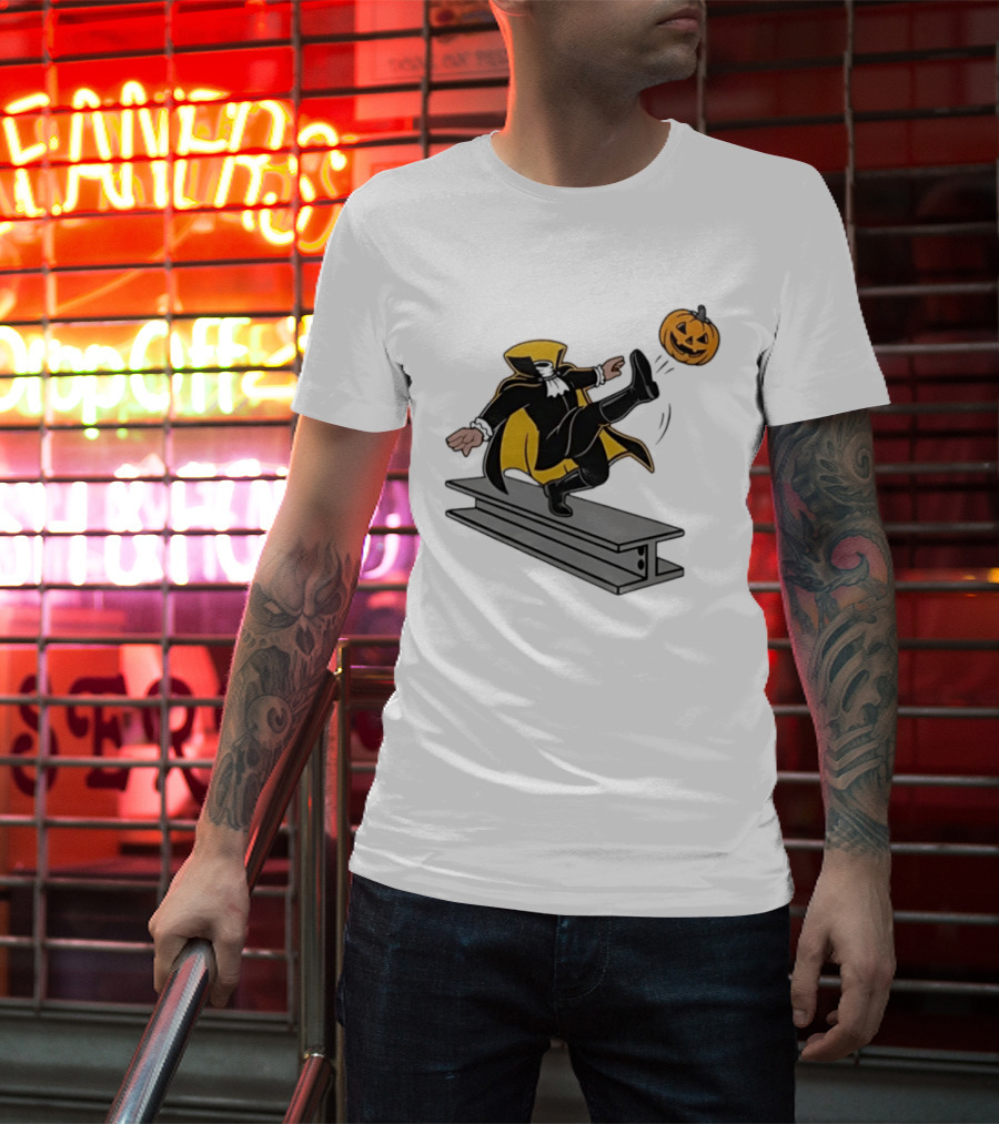 Cartoon Headless Horseman Kicking Jack O Lantern Pumpkin Steel Beam T-Shirt