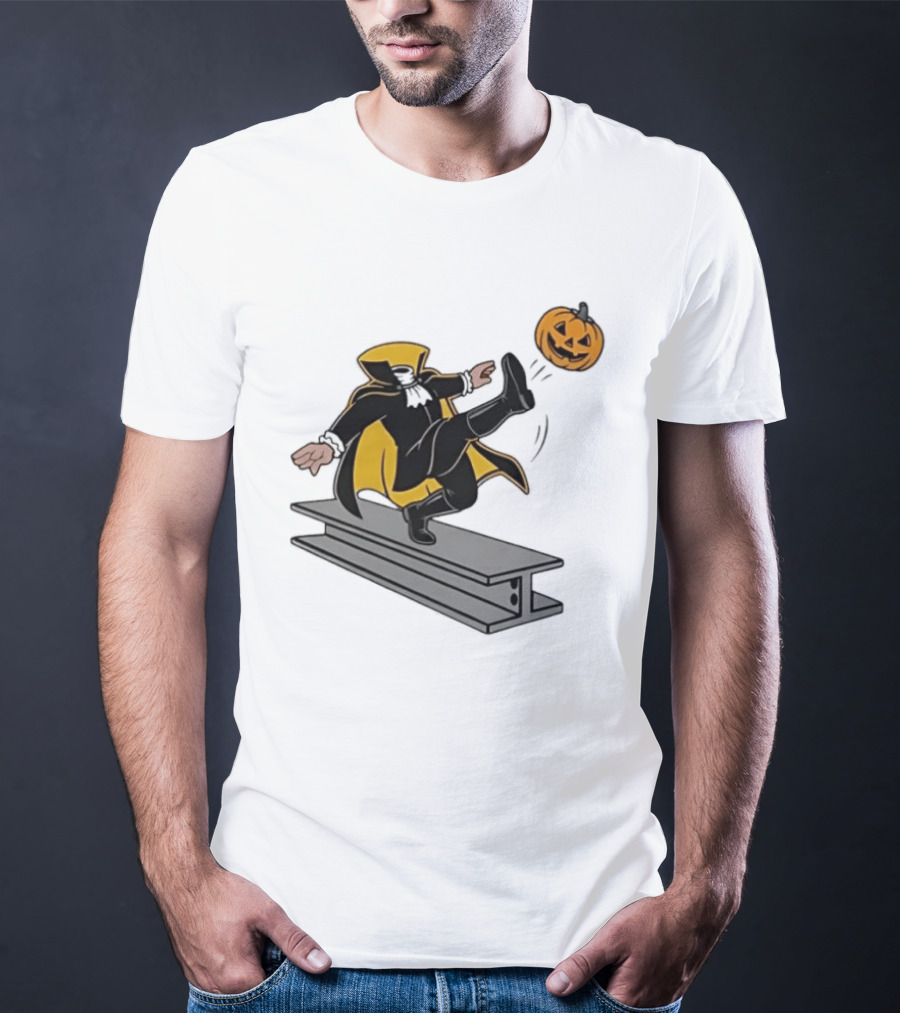 Cartoon Headless Horseman Kicking Jack O Lantern Pumpkin Steel Beam T-Shirt