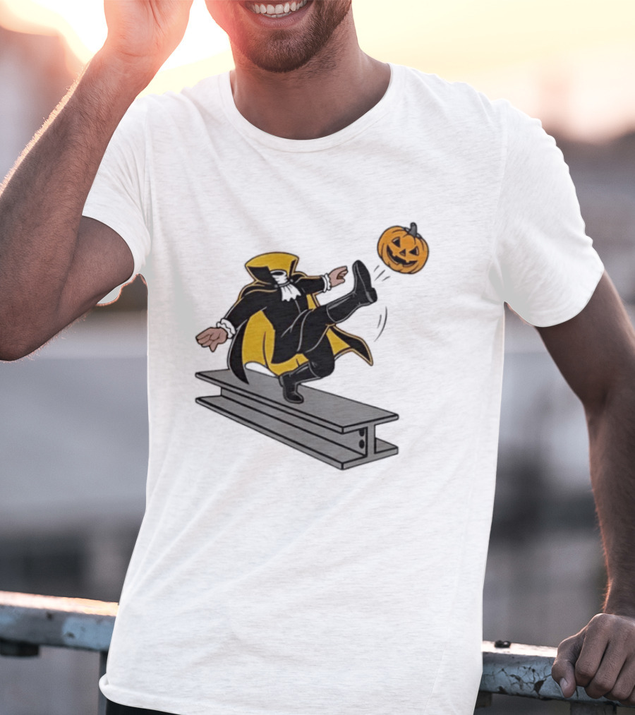Cartoon Headless Horseman Kicking Jack O Lantern Pumpkin Steel Beam T-Shirt