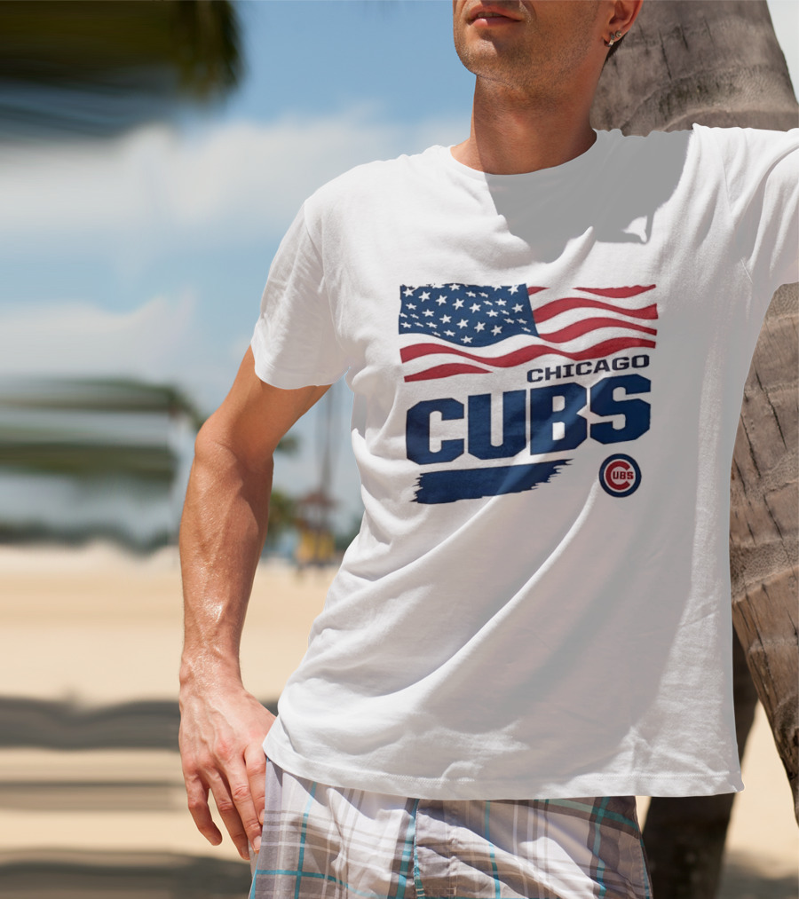Chicago Cubs American Flag Waving Paint Brush Stroke MLB Cubs T-Shirt