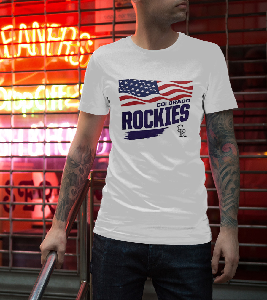 Colorado Rockies MLB American Flag Brush Stroke Waving T-Shirt