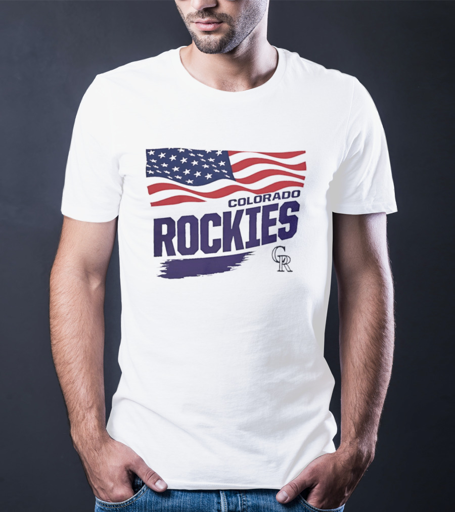 Colorado Rockies MLB American Flag Brush Stroke Waving T-Shirt