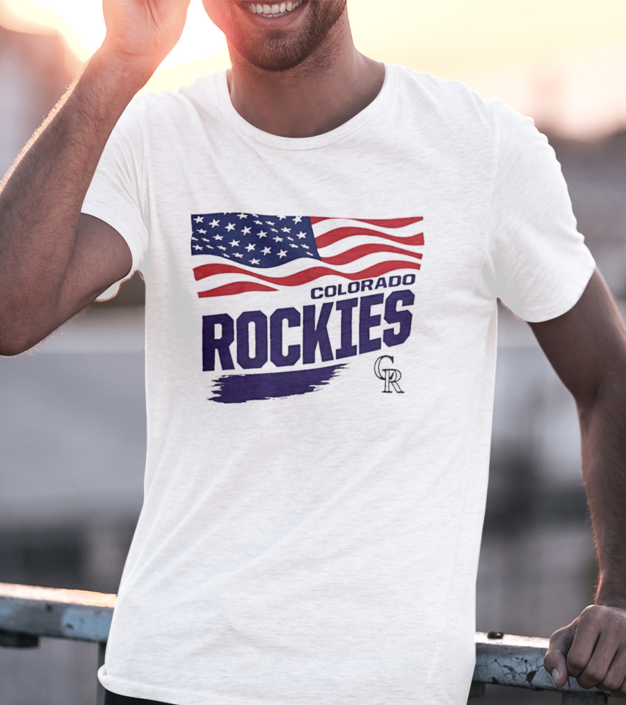 Colorado Rockies MLB American Flag Brush Stroke Waving T-Shirt