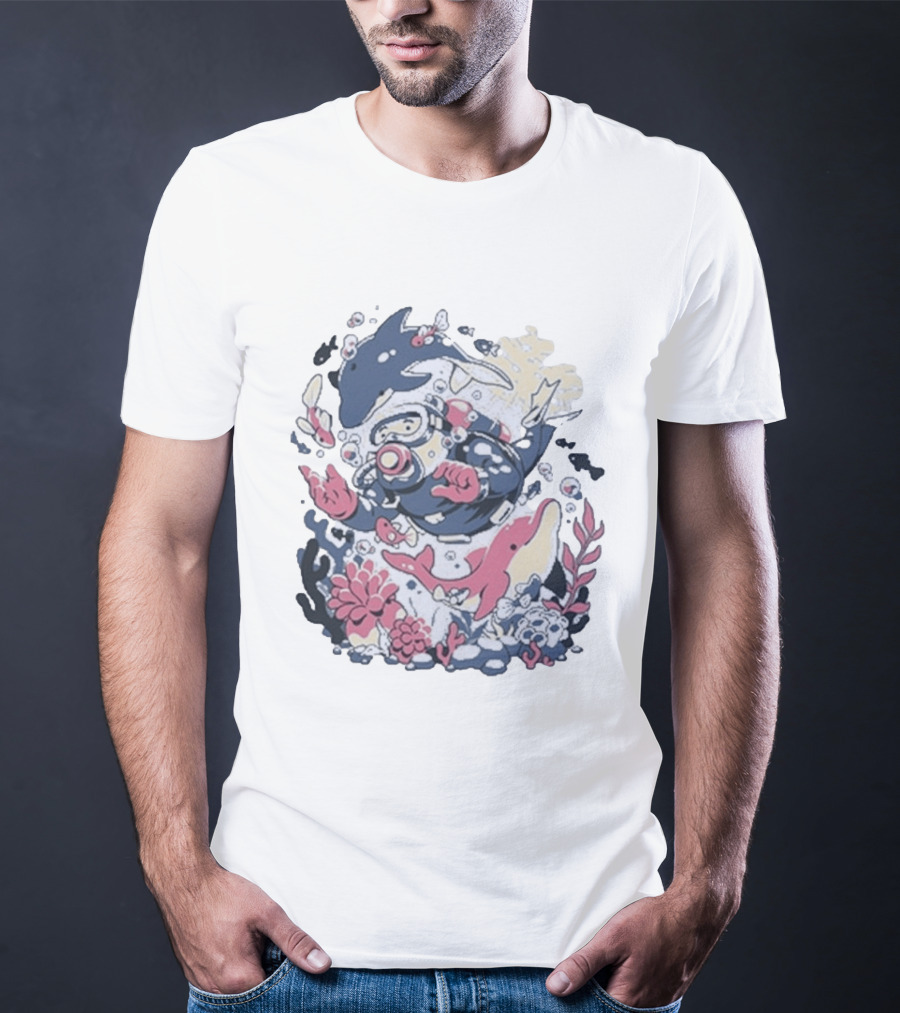 Fangamer Dolphins Dive Underwater Adventure With Diver And Marine Life T-Shirt