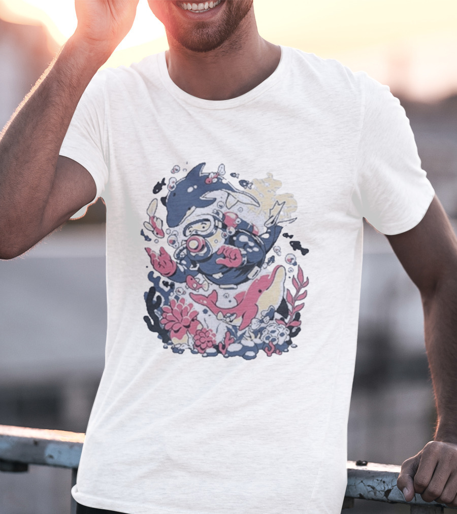 Fangamer Dolphins Dive Underwater Adventure With Diver And Marine Life T-Shirt