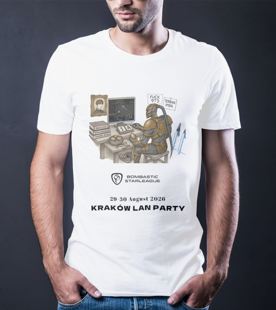 Bombastic StarLeague LAN Party Kraków August 2026 Terran Imba Micro Trap Nexus Gatewayman T-Shirt