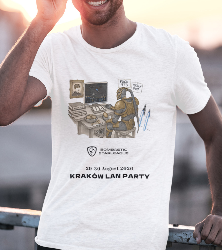 Bombastic StarLeague LAN Party Kraków August 2026 Terran Imba Micro Trap Nexus Gatewayman T-Shirt