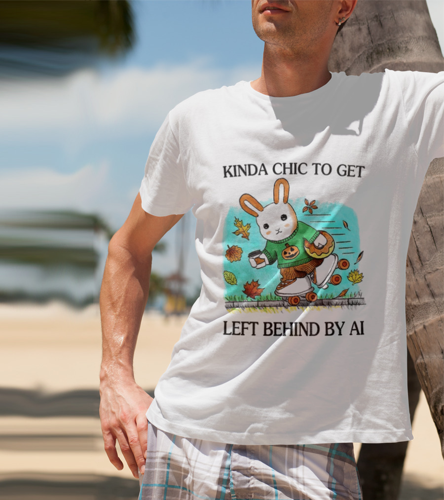 Kinda Chic Rabbit Roller Skating With Pumpkin Happy Fall Leaves Left Behind By AI T-Shirt
