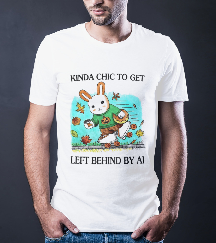 Kinda Chic Rabbit Roller Skating With Pumpkin Happy Fall Leaves Left Behind By AI T-Shirt
