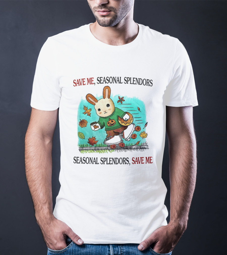 Skater Rabbit With Coffee And Donut Save Me Seasonal Splendors Leaves T-Shirt