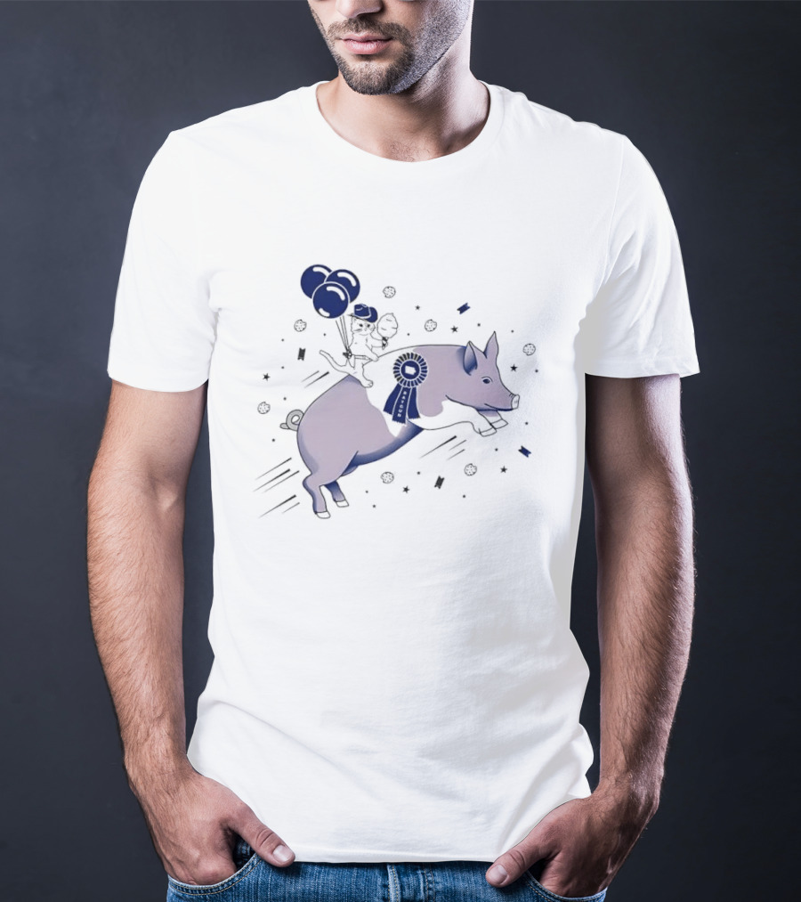 Raygun Cartoon Cowboy Cat Riding Flying Pig With Iowa Ribbon And Balloons T-Shirt