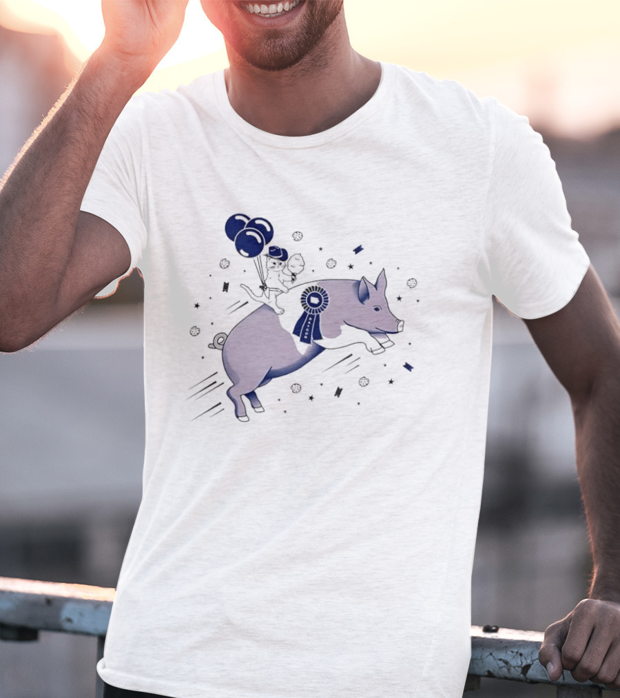 Raygun Cartoon Cowboy Cat Riding Flying Pig With Iowa Ribbon And Balloons T-Shirt