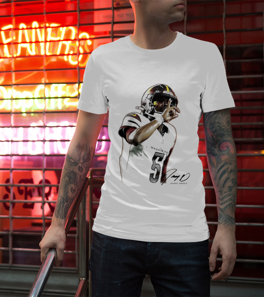 Washington Commanders Jayden Daniels Quarterback Finger To Lips Photo Cutout T-Shirt